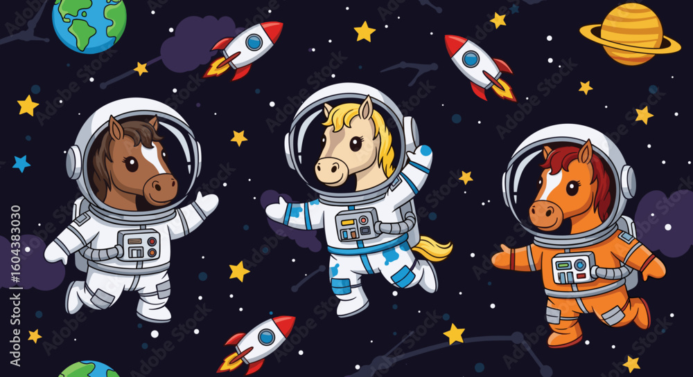 Cute Horses in Space: Fun illustration of three horses as astronauts, perfect for children's books, apparel, or websites. Cute Horses in Space: Fun illustration of three horses as astronauts, perfect for children's books, apparel, or websites.