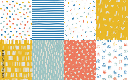 Assorted patterns featuring dots, lines, shapes, and letters in various colors and arrangements