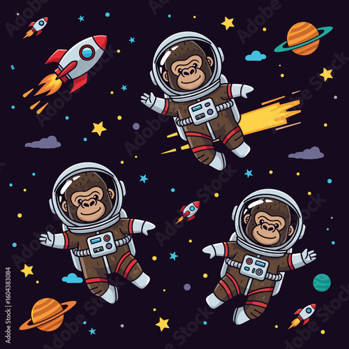 Cute gorillas in space suits, perfect for children's books, apparel, or websites.
