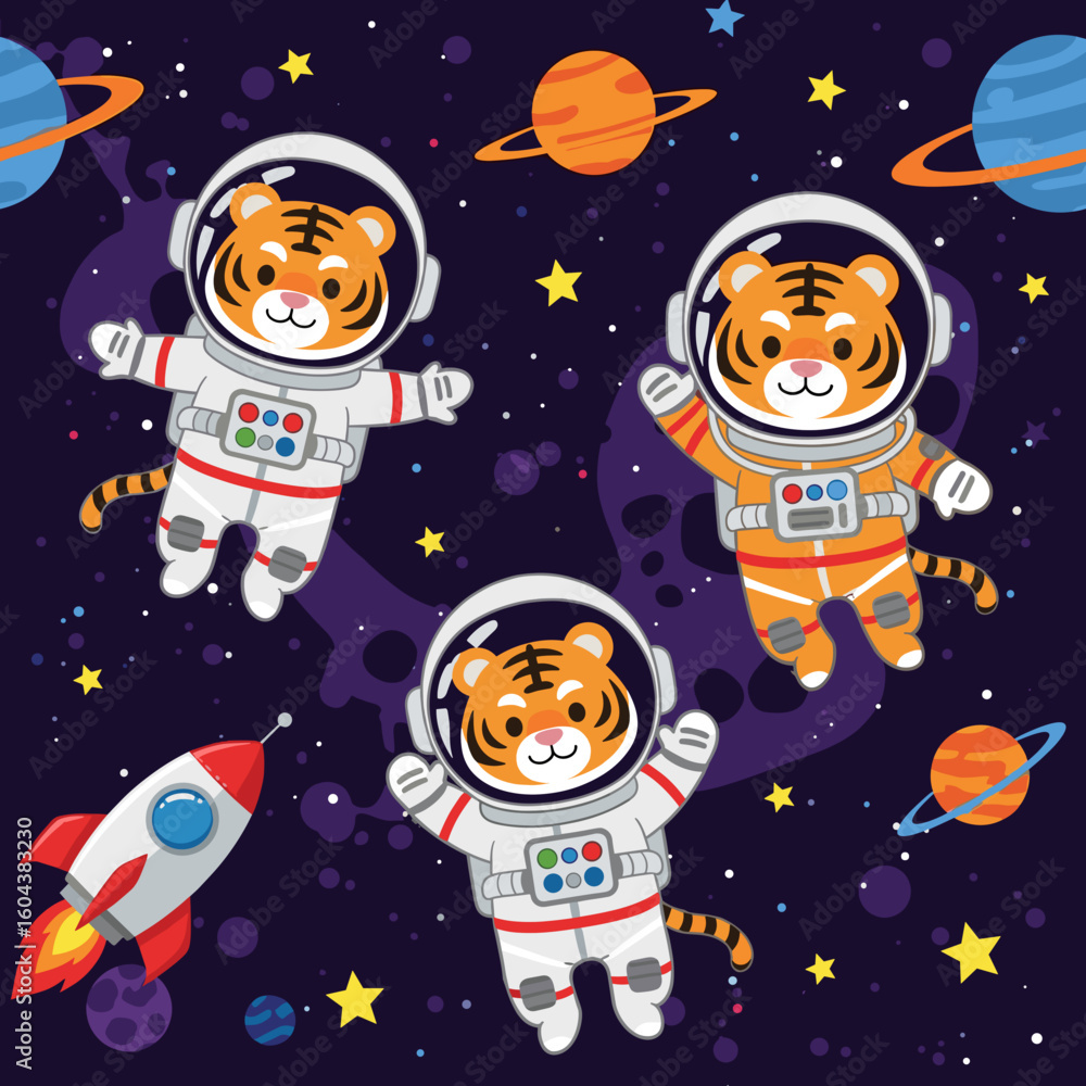 Adorable tiger astronauts floating in space, perfect for children's books, cards, or apparel. Adorable tiger astronauts floating in space, perfect for children's books, cards, or apparel.