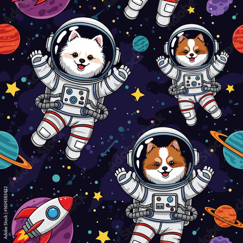 Adorable Pomeranian dogs in astronaut suits floating in space, perfect for kids' apparel, space-themed websites, or children's books.