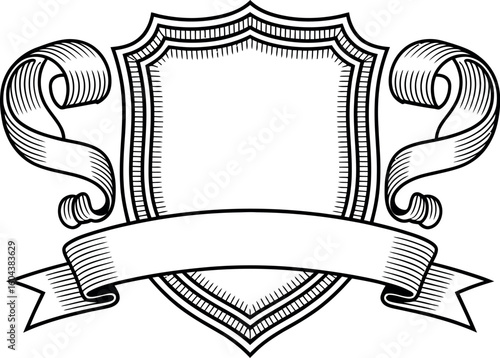 Illustration of an ornate heraldic shield with ribbons and a banner on a light background color