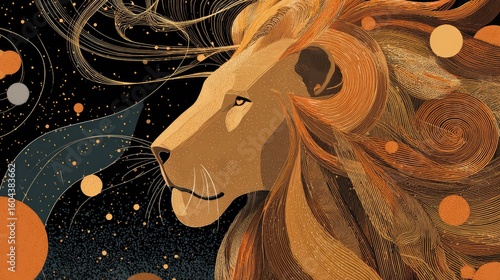 Abstract lion portrait with cosmic elements.