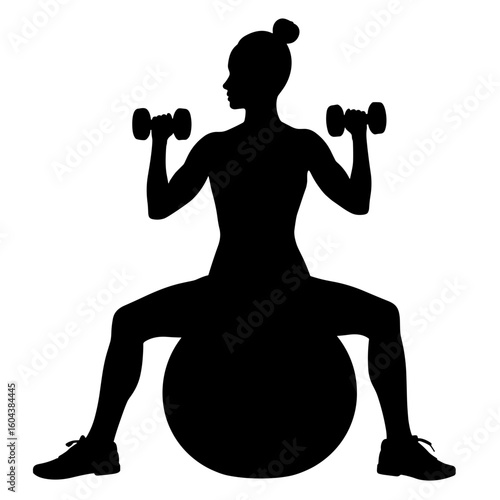 Silhouette of person exercising on balance ball with dumbbells, fitness routine