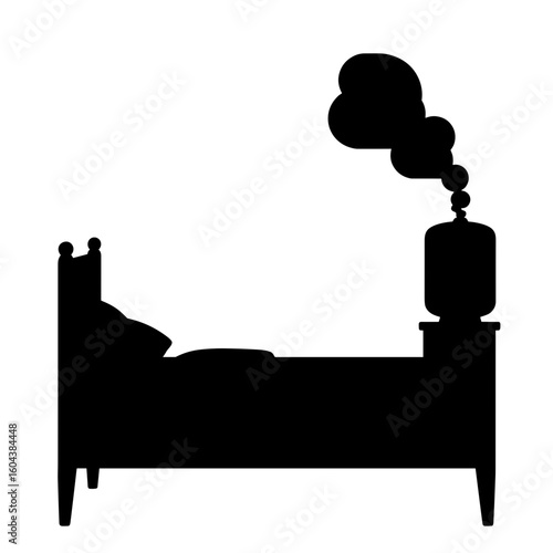 Silhouette of bed with humidifier mist – Sleep support, balanced rest
