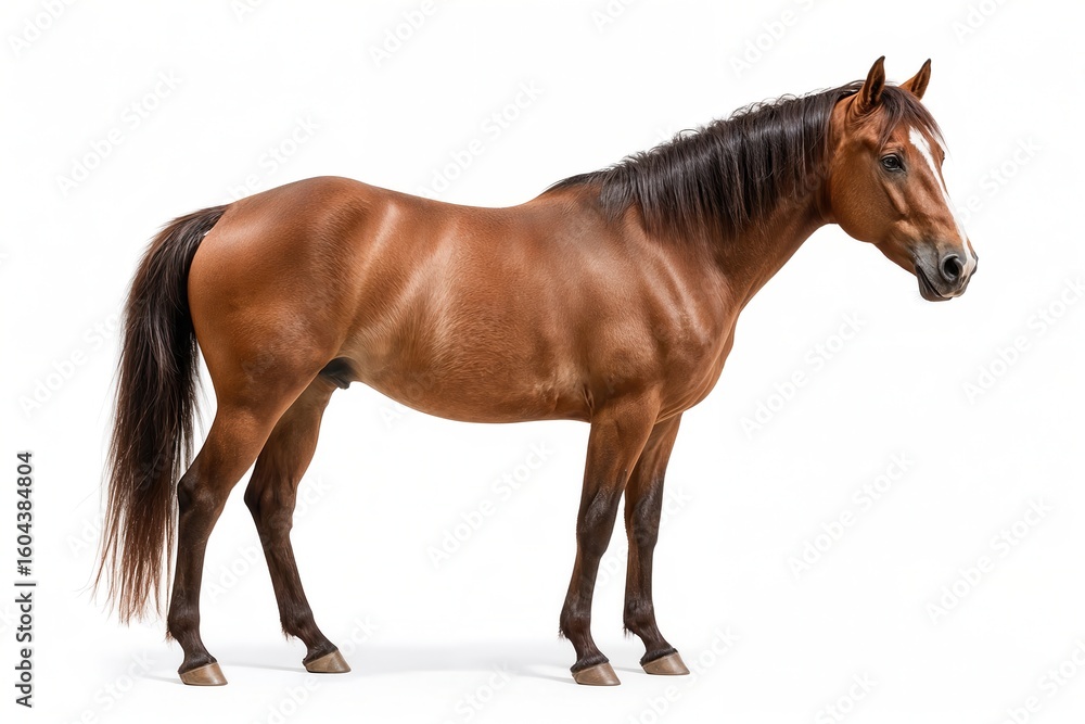 Obraz premium Elegant equine portrait: A majestic brown horse stands gracefully against a pristine white backdrop.