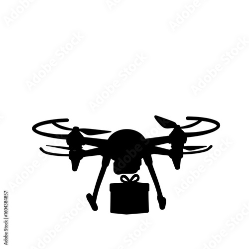 Silhouette delivery drone carrying gift box – Aerial service, future gifting