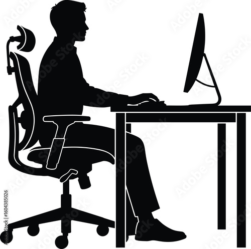 Ergonomic Workplace Silhouette: Man Working at Computer Desk with Adjustable Office Chair, Side View Vector Illustration for Remote Work, Productivity, and Healthy Posture Concepts