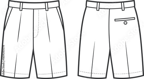 Men’s tailored shorts vector template, front and back view, fashion flat sketch, classic design with pleats, waistband and pocket detail