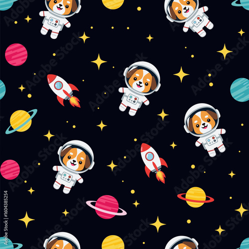 Cute dog astronauts in space, seamless pattern for kids' fabric, wallpaper, or digital prints.