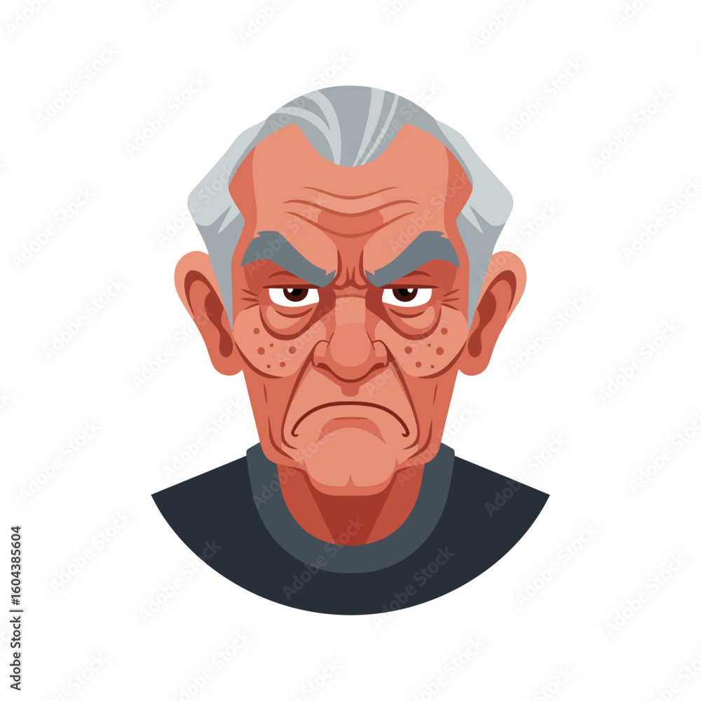 Cartoon Portrait of Grumpy Old Man with Gray Hair Scowling Cartoon Portrait of Grumpy Old Man with Gray Hair Scowling
