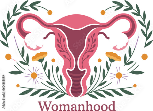 Uterus illustration surrounded by colorful flowers and green leaves on a light background art