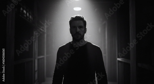 A man stands in a dimly lit corridor, illuminated by a single overhead light, facing forward.