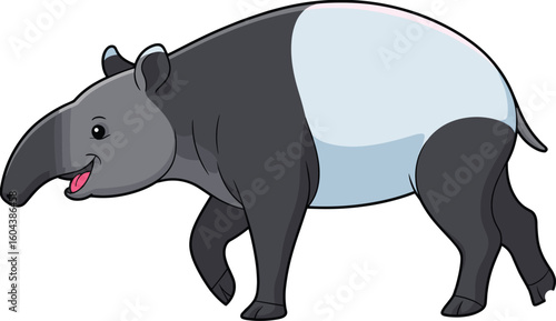 Cartoon Malayan tapir animal walking, cute vector wildlife illustration, black and white tropical mammal, kids jungle animal design