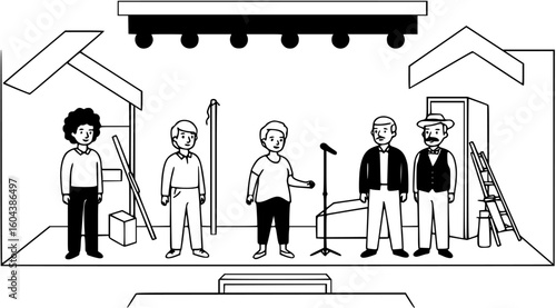 Creative theater stage design with three performers ready for a performance during a community event in a small town
