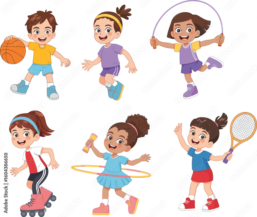 Cartoon Kids Playing Sports, Happy Children Doing Physical Activities, Fun Outdoor Exercise, Healthy Lifestyle Vector Illustration for Education and Fitness Cartoon Kids Playing Sports, Happy Children Doing Physical Activities, Fun Outdoor Exercise, Healthy Lifestyle Vector Illustration for Education and Fitness