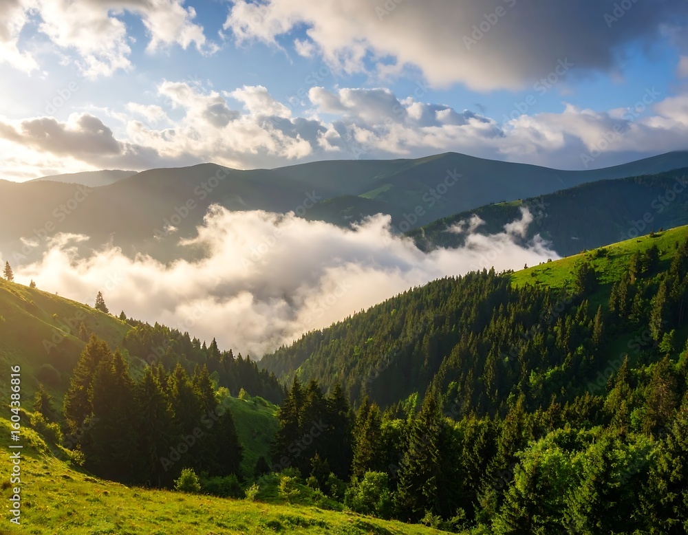 Fototapeta premium Mountain valley at sunset