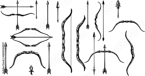 A set of various bow and arrow designs isolated on white background, showcasing different arrowheads
