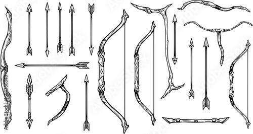 A set of various bow and arrow designs isolated on white background, showcasing different arrowheads

