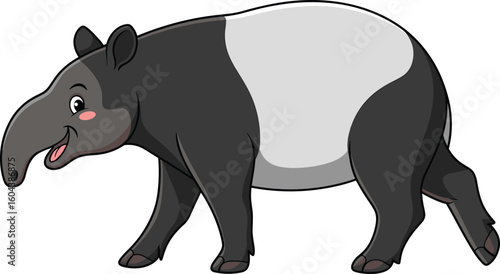 Cartoon Malayan tapir walking, cute jungle animal illustration, black and white mammal, tropical wildlife character for kids and nature designs