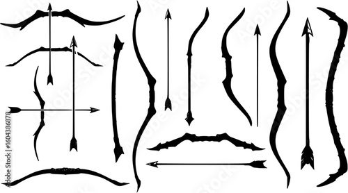 A set of various bow and arrow designs isolated on white background, showcasing different arrowheads
