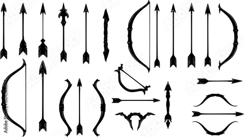 A set of various bow and arrow designs isolated on white background, showcasing different arrowheads
