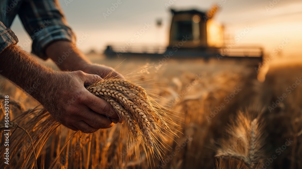 Obraz premium Farmer's Hand Holding Wheat Harvest - Close-Up of Golden Grain Field, Rural Agriculture, Farming, Crop Production, Autumn Season