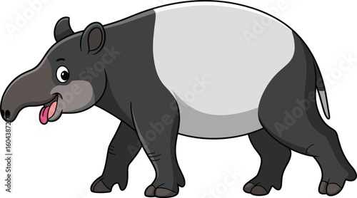 Cartoon Malayan tapir with tongue out, cute wild animal vector illustration, tropical rainforest mammal, funny wildlife character for kids