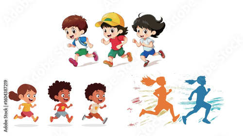 Group of children running a race on white background, energetic kids competing in outdoor sports activity, diverse boys and girls in motion, playful and healthy childhood concept, dynamic movement
