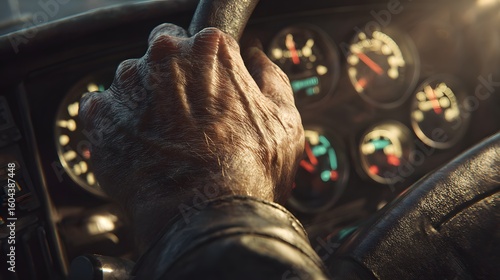 A hand grips a steering wheel with dashboard gauges visible in the background.