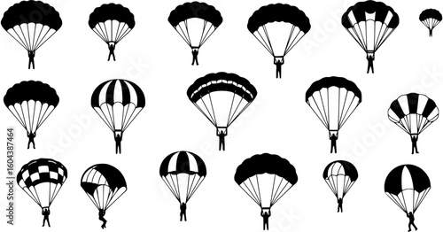 Three skydivers with parachutes isolated on white background
