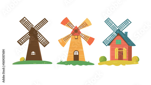 Summer windmill toy flat vector illustration on white background, colorful spinning pinwheel design for kids, playful outdoor summer activity, decorative garden toy with vibrant colors 