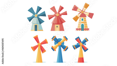 Summer windmill toy flat vector illustration on white background, colorful spinning pinwheel design for kids, playful outdoor summer activity, decorative garden toy with vibrant colors 