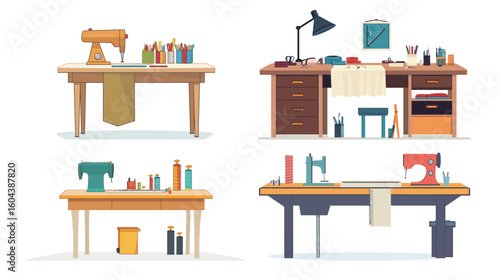 Tailoring table vector graphic design with sewing tools and fabric, detailed illustration of dressmaker workspace, professional sewing and garment making equipment for fashion design and textile craft