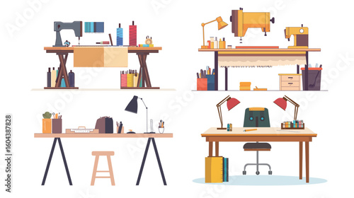 Tailoring table vector graphic design with sewing tools and fabric, detailed illustration of dressmaker workspace, professional sewing and garment making equipment for fashion design and textile craft
