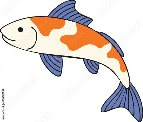 A colorful illustration of a koi fish swimming, showcasing its patterned body and fins.