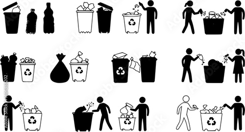 Set of garbage throw colored icons and human silhouette.