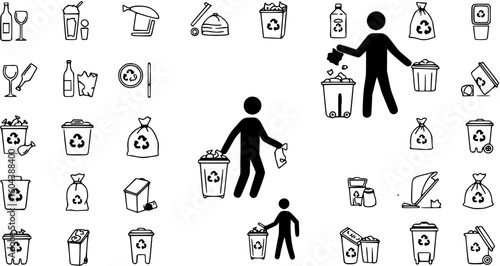 Set of garbage throw colored icons and human silhouette.