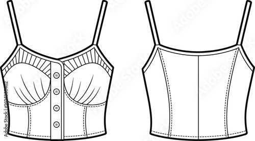 Women's cropped cami top flat sketch, button front bustier design, fashion technical drawing, fitted spaghetti strap blouse, vector template