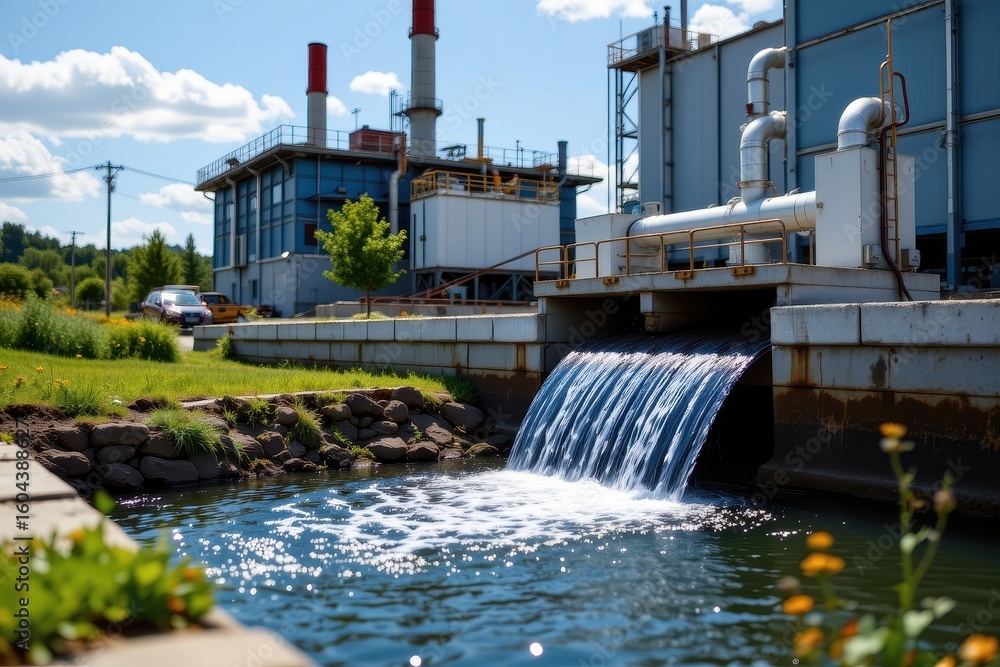 Obraz premium factory showcasing clean water discharge from treatment plant demonstrating environmental responsibility and care