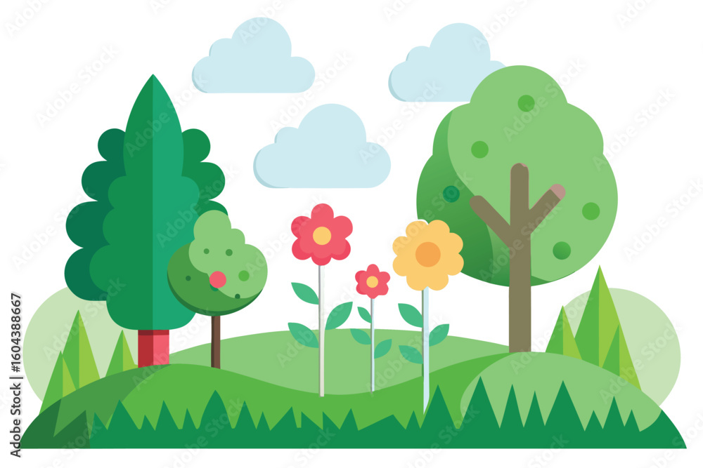 Fototapeta premium Colorful vector landscape with trees, flowers, and a bright summer sky