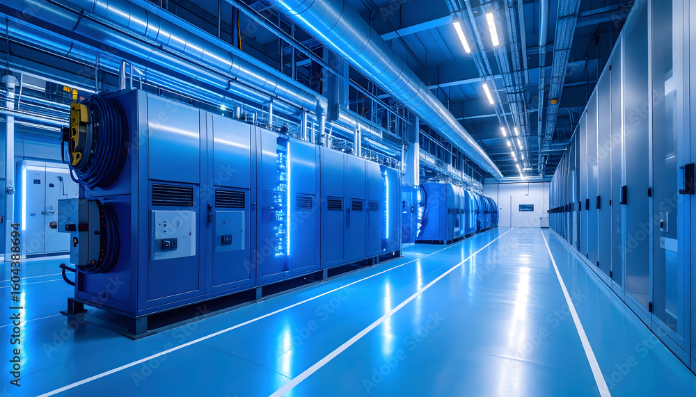 Fototapeta premium Modern data center with rows of servers and blue illumination