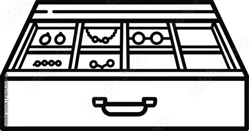 Jewelry Organizer: A close-up, minimalist outline of an open jewelry organizer, revealing compartments filled with diverse jewelry pieces.