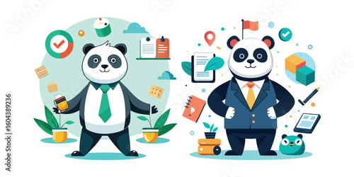 Corporate panda delegating tasks confidently, business teamwork concept, office management vector, professional panda character, workplace leadership, productivity, modern corporate illustration.
