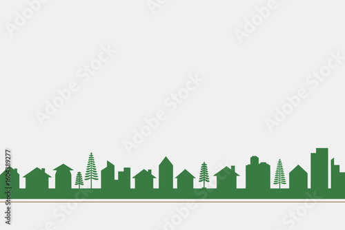 A green silhouette of a townscape with houses trees and buildings against a white background is viewed here