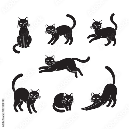 Black Cat Poses Cute Kitten Illustrations
