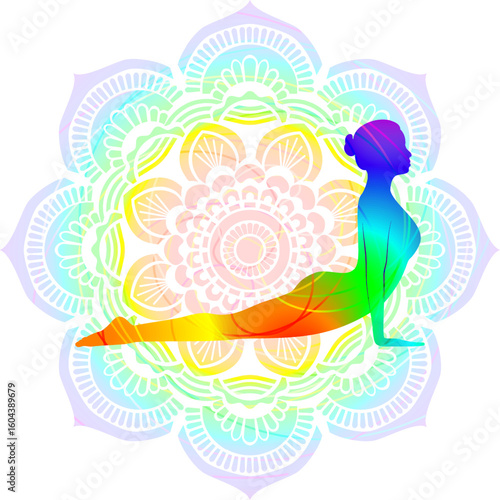 Colorful silhouette of woman practicing Urdhva Mukha Shvanasana yoga pose. Upward Facing Dog yoga pose. Isolated vector illustration