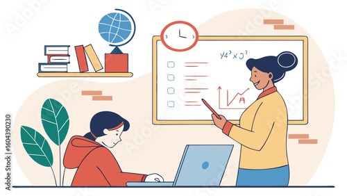 Online tutoring and academic support vector with mentor helping student via video chat and digital whiteboard




