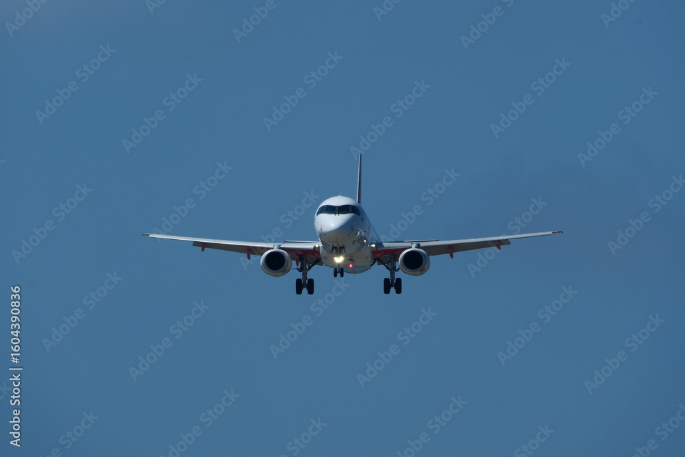 Fototapeta premium The plane approaching the airport. The plane is preparing to land. Airplane in the blue sky.