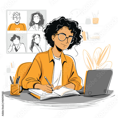 woman studying with open book and laptop for online course